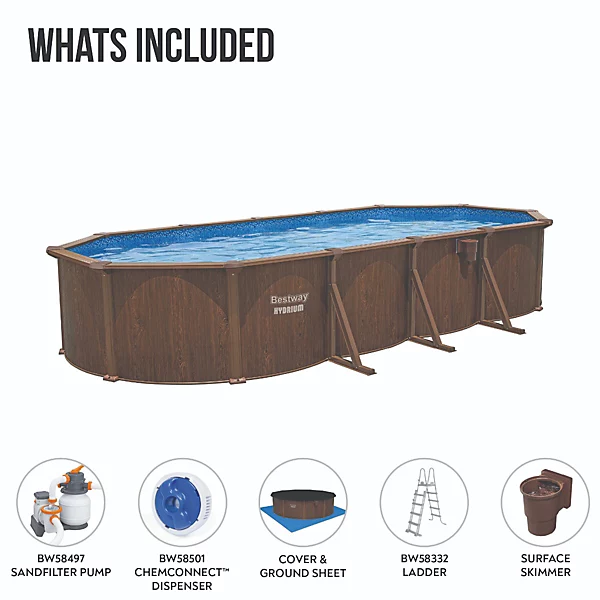 Bestway Hydrium Oval Steel Wall Pool Set, 24FT Swimming Pool, Wood Print - Image 3